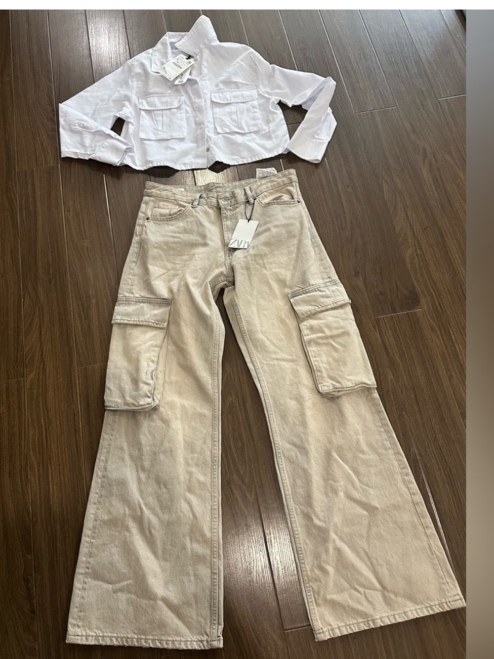 Zara Beige Cargo Wide-Leg Pants